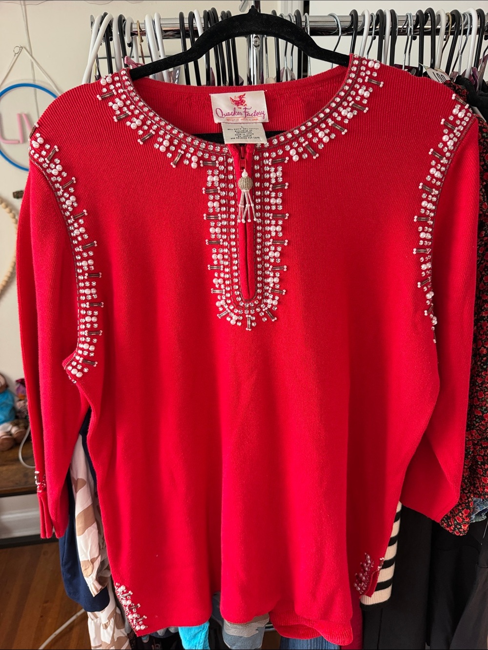 Quacker Factory Red Embellished Knit Pullover with Tassel Zipper Pilu